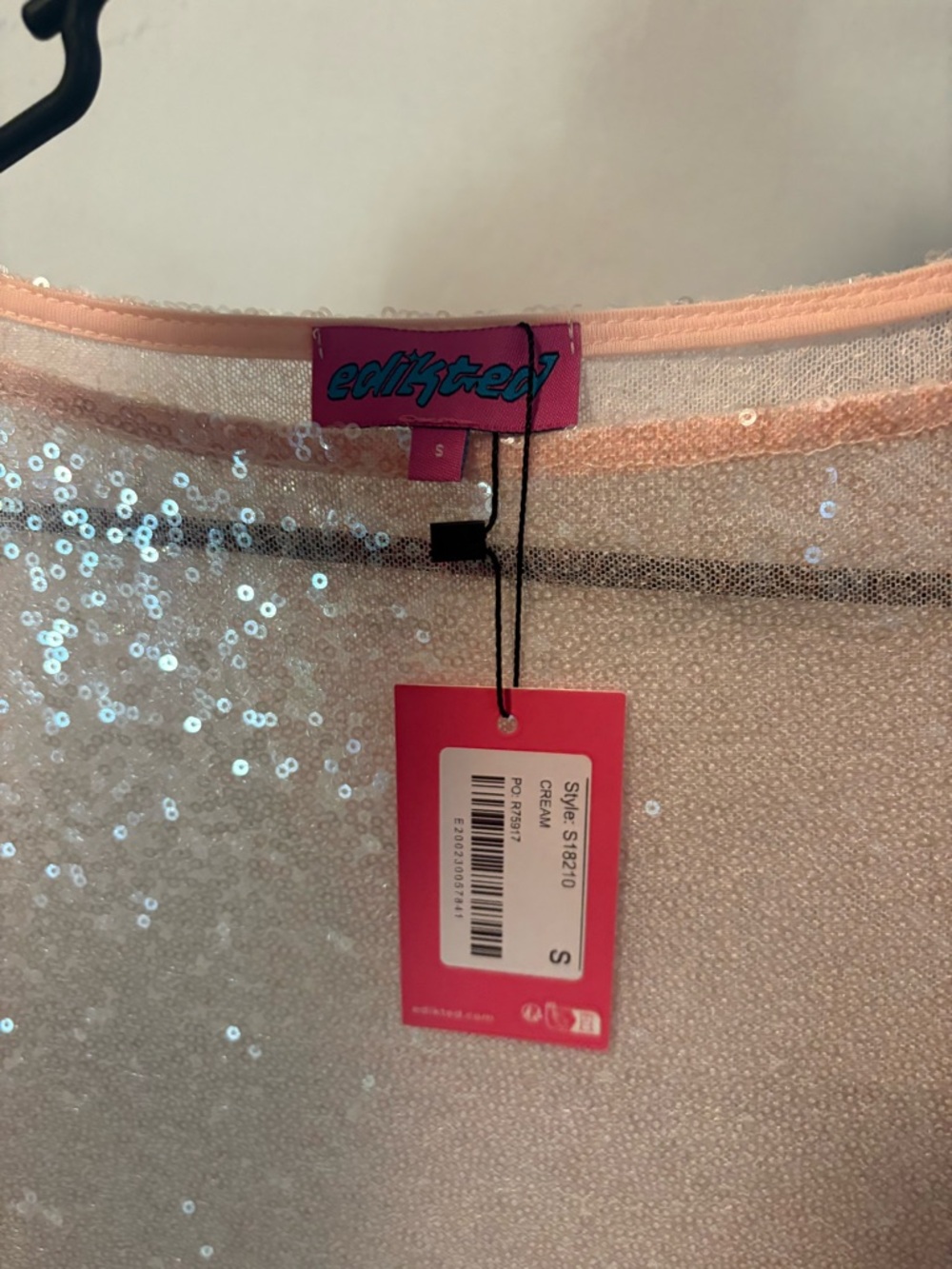 Edikted Cream Sequin Mesh Top with Pink Trim